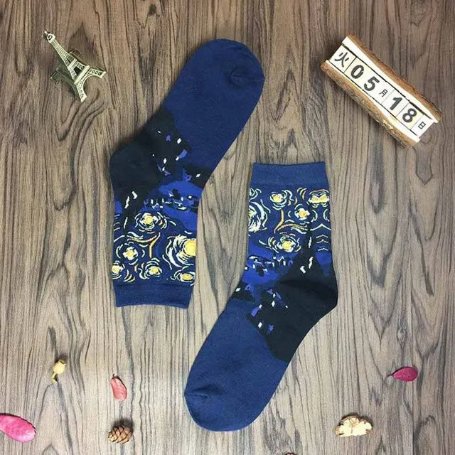 2017 High Quality Fashion Retro Women Men Painting Mona Lisa Art Socks Novelty Starry Night Comfortable Breathable Funny Socks