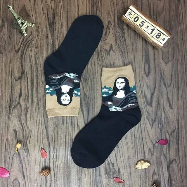 2017 High Quality Fashion Retro Women Men Painting Mona Lisa Art Socks Novelty Starry Night Comfortable Breathable Funny Socks