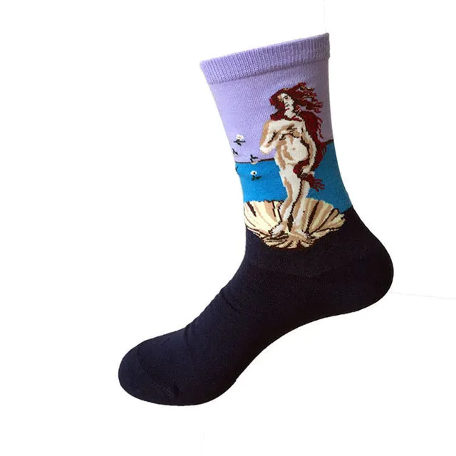 2017 High Quality Fashion Retro Women Men Painting Mona Lisa Art Socks Novelty Starry Night Comfortable Breathable Funny Socks