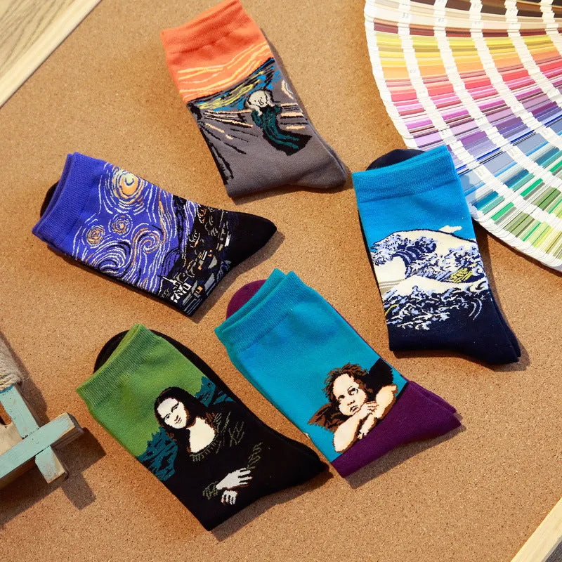 2017 High Quality Fashion Retro Women Men Painting Mona Lisa Art Socks Novelty Starry Night Comfortable Breathable Funny Socks