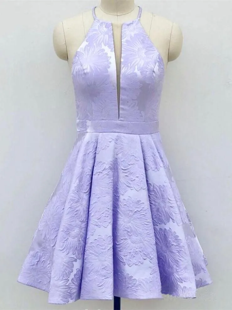 A-Line Crew Above-Knee Lilac Satin Homecoming Dress with Pockets  PD271