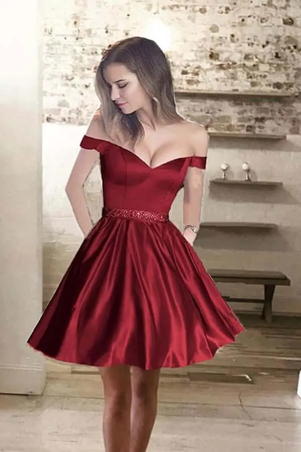 A line Off Shoulder Homecoming Dress,Satin Short Prom Dresses