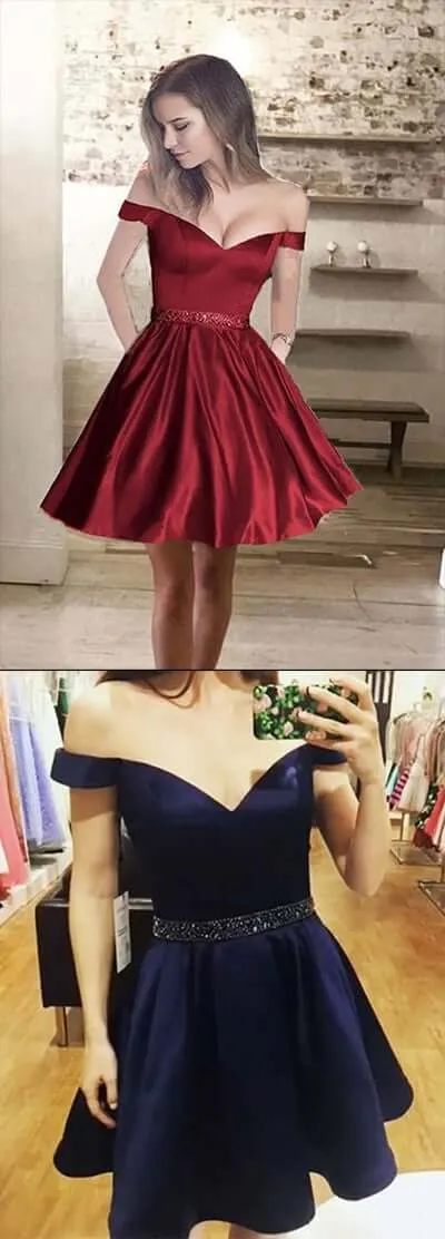 A line Off Shoulder Homecoming Dress,Satin Short Prom Dresses