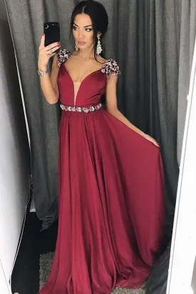 A-Line V-Neck Sweep Train Burgundy Chiffon Appliques Prom Dress PG793