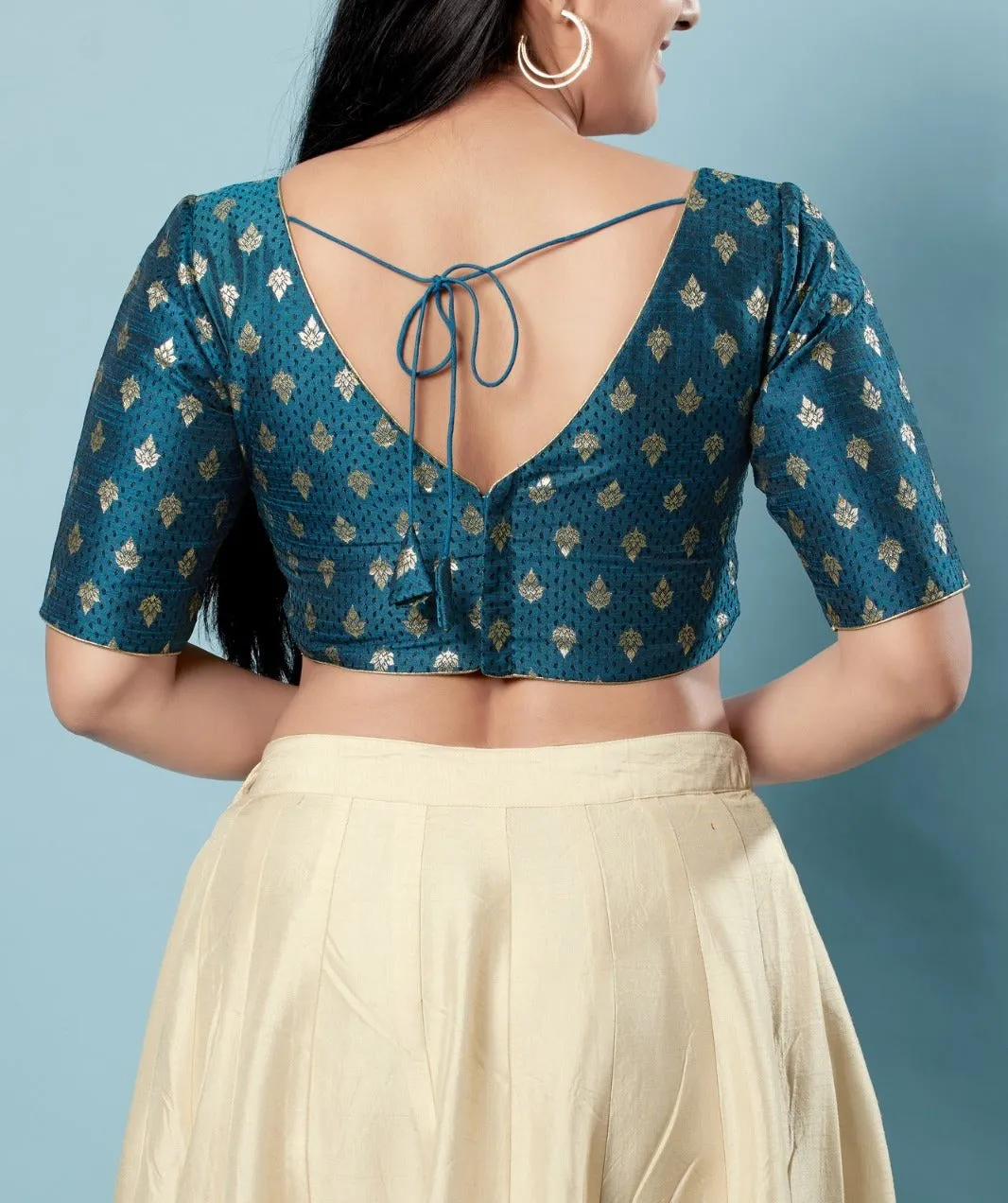 Alluring Teal Blue Color Designer Brocade Readymade Blouse With Butta Motifs For Women