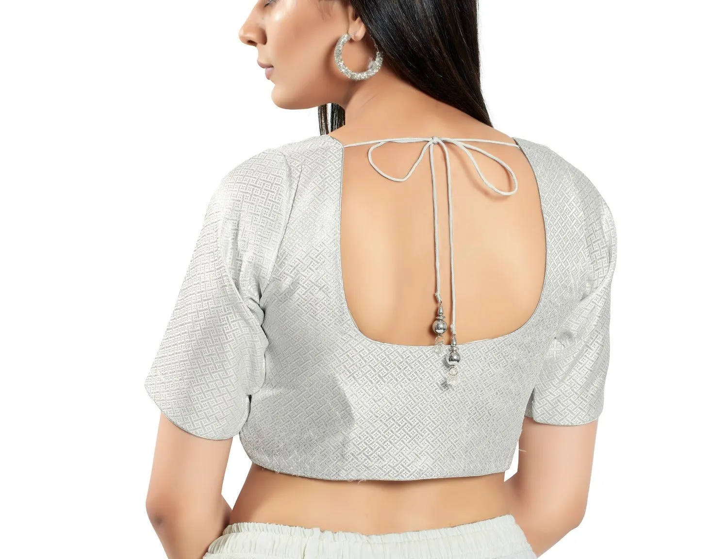 Appealing Silver Colored Brocade Elbow Sleeves Readymade Blouse For Women