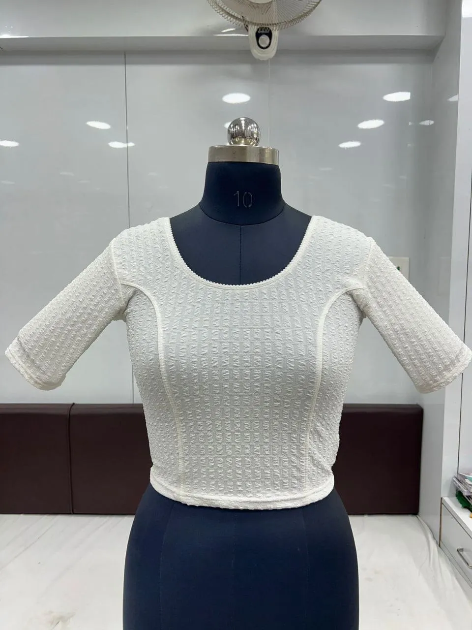 Attractive White Color Cotton Dobby Round Neck Readymade Blouse For Women