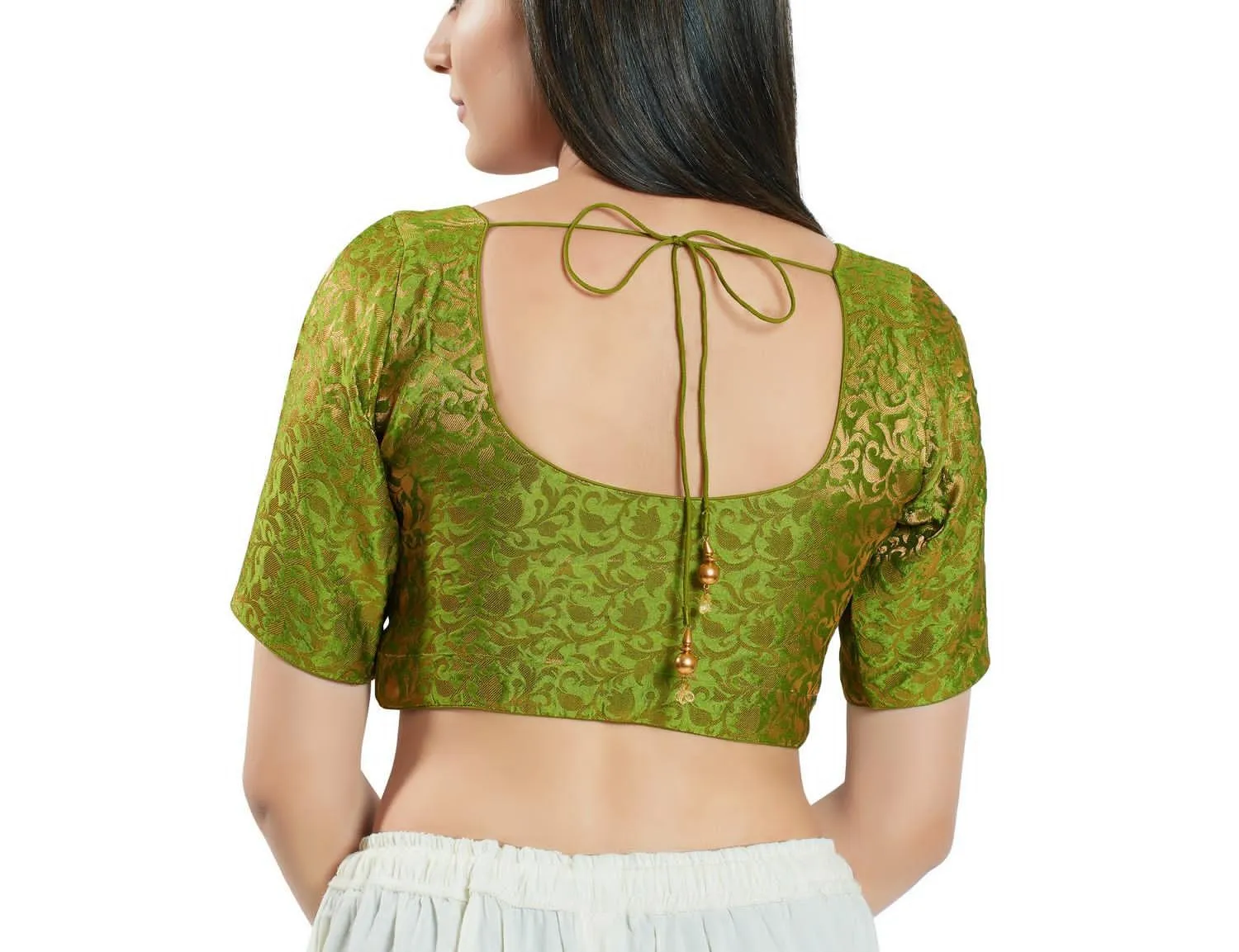 Beautiful Mehendi Green Colored Brocade Elbow Sleeves Readymade Blouse For Women