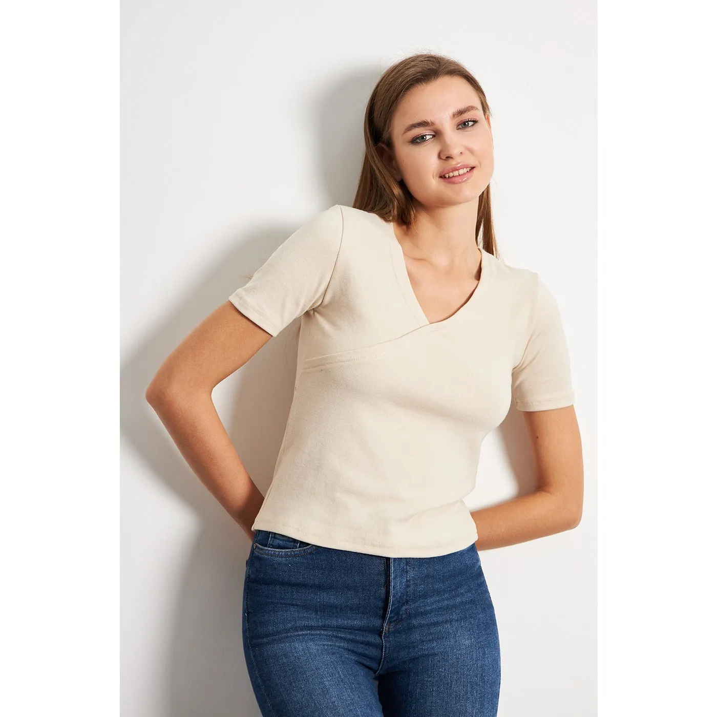 Beige Double Breasted Knit Top