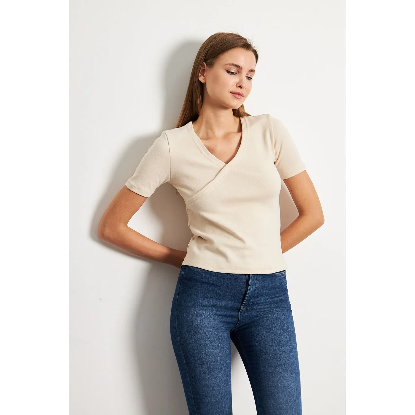 Beige Double Breasted Knit Top