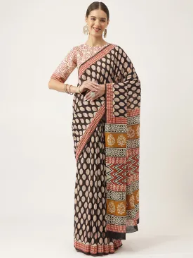 Black & Beige Hand Block Mulmul Cotton Saree