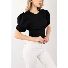 Black Balloon Sleeve Pleated Blouse