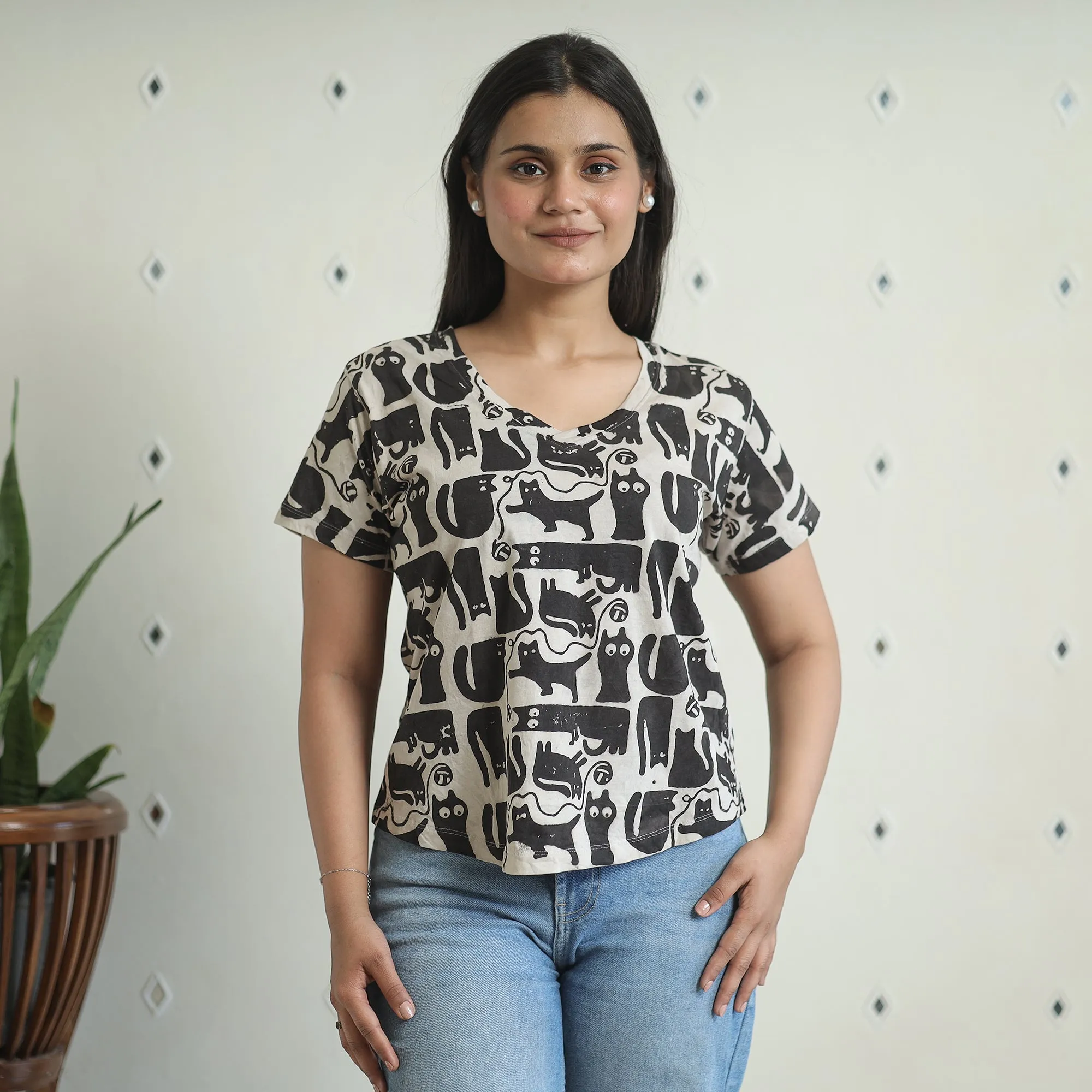 Black - Bindaas Block Art Printed Cotton Women V Neck T-shirt 07