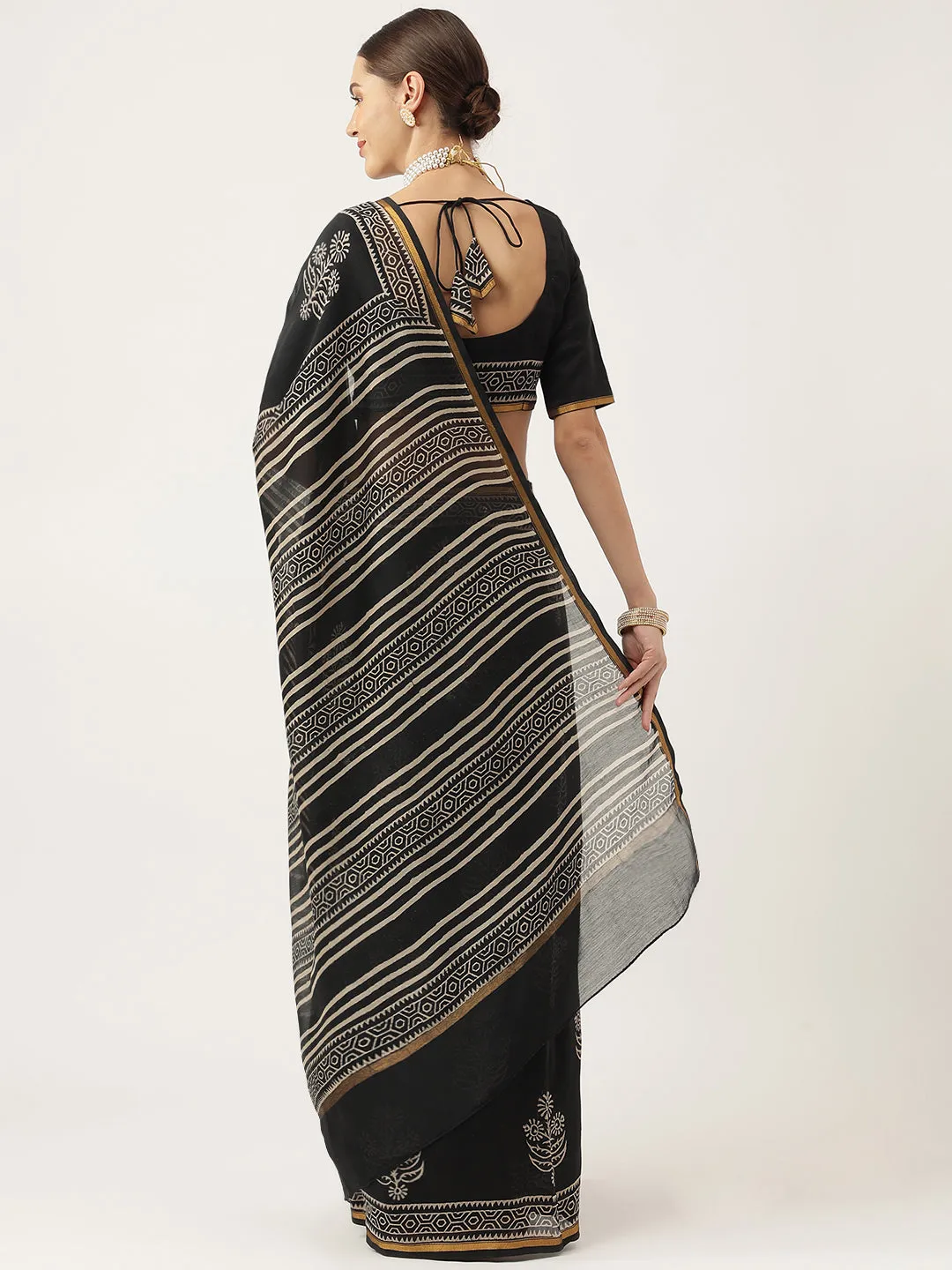 Black Hand Block Chanderi Silk Saree