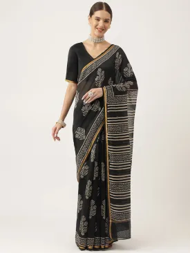 Black Hand Block Chanderi Silk Saree