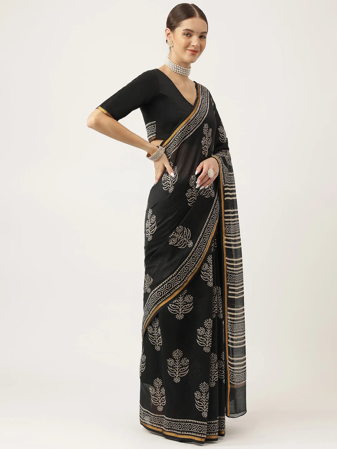 Black Hand Block Chanderi Silk Saree