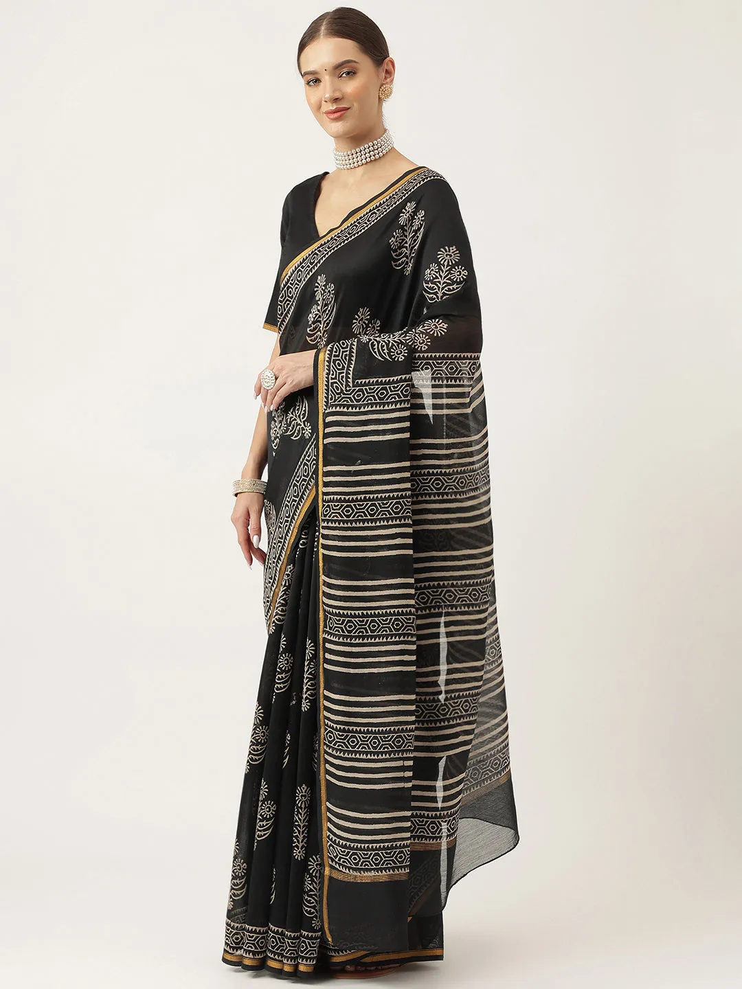 Black Hand Block Chanderi Silk Saree