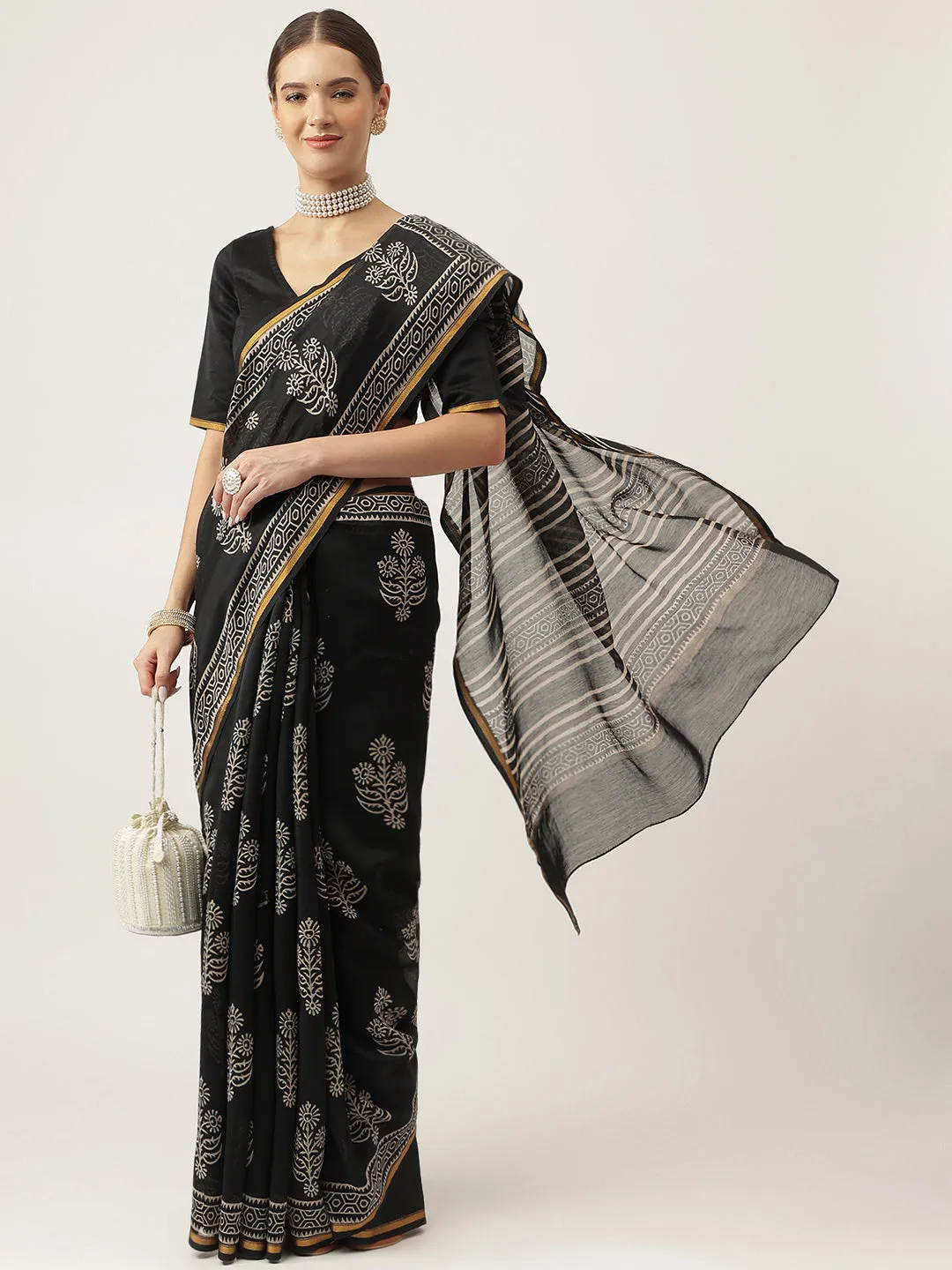 Black Hand Block Chanderi Silk Saree