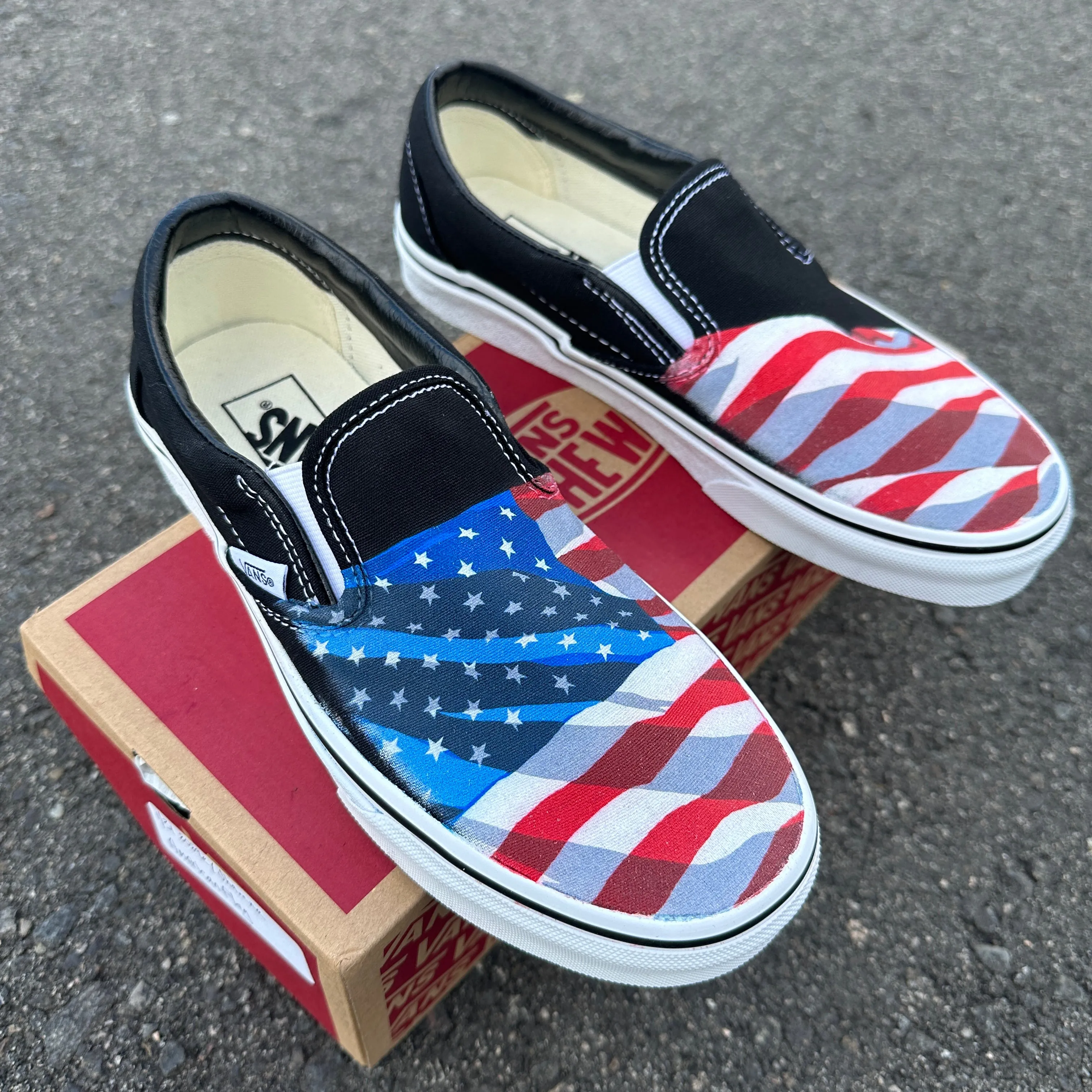 Black Slip On Vans Shoes for Men and Women Featuring American Flag Made in USA - Custom Vans Shoes