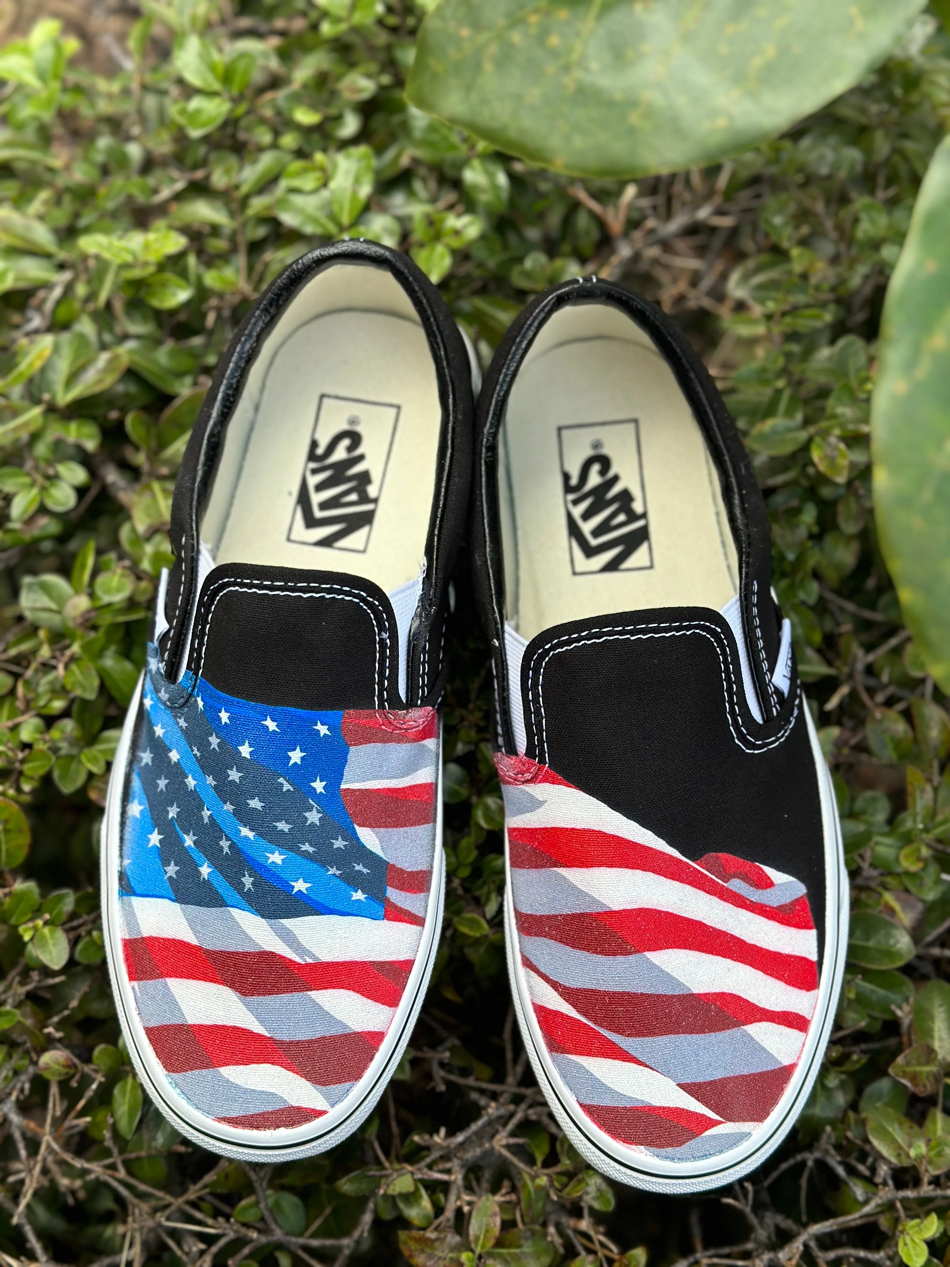 Black Slip On Vans Shoes for Men and Women Featuring American Flag Made in USA - Custom Vans Shoes