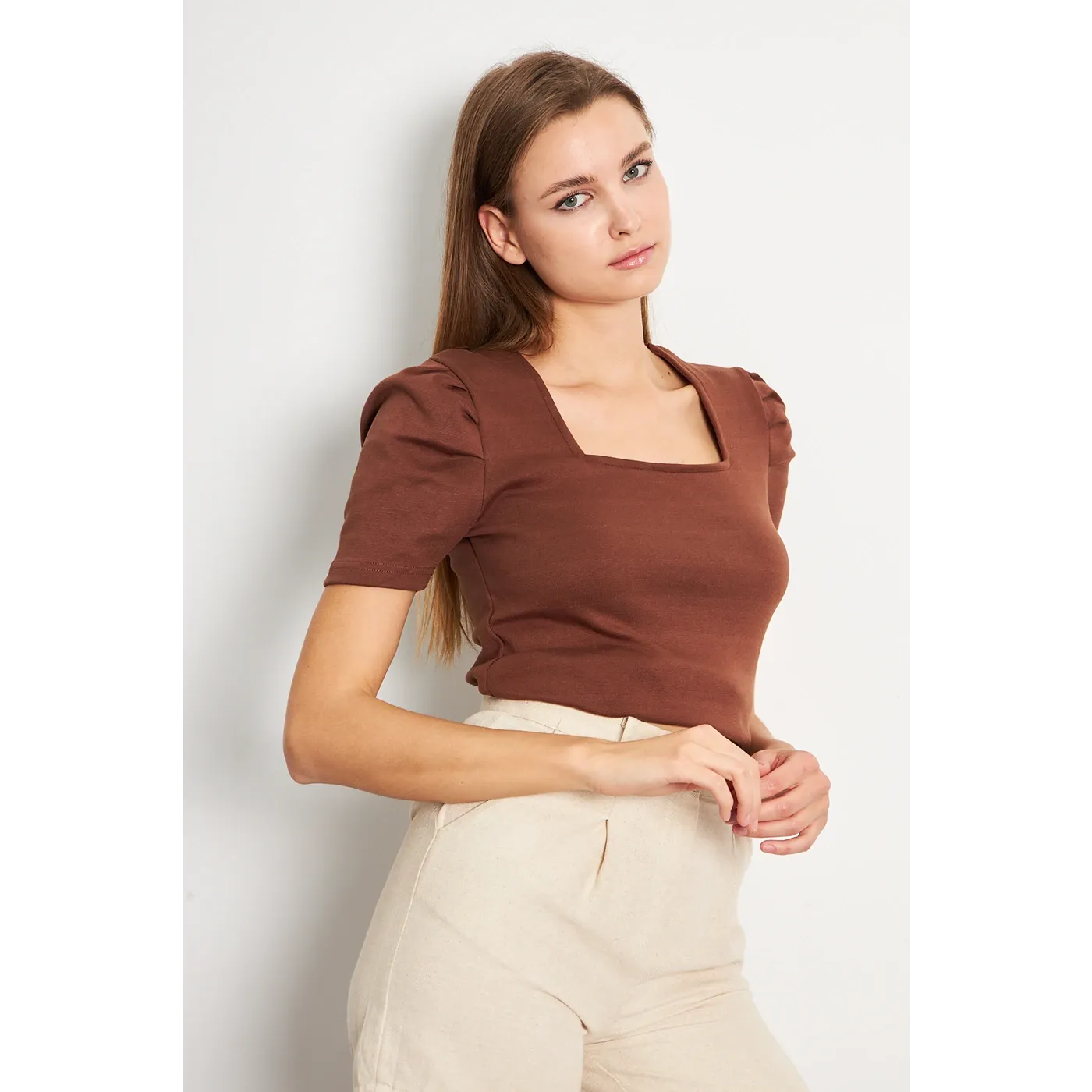 Brown Square Neck Puff Sleeves Top