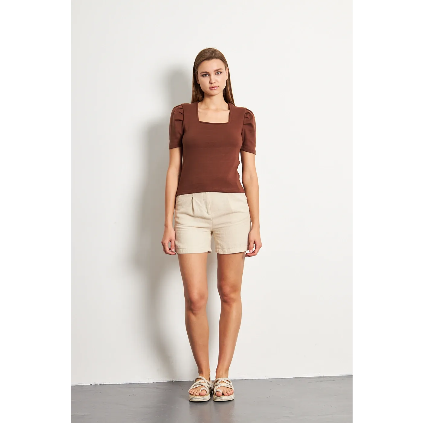 Brown Square Neck Puff Sleeves Top