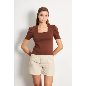 Brown Square Neck Puff Sleeves Top