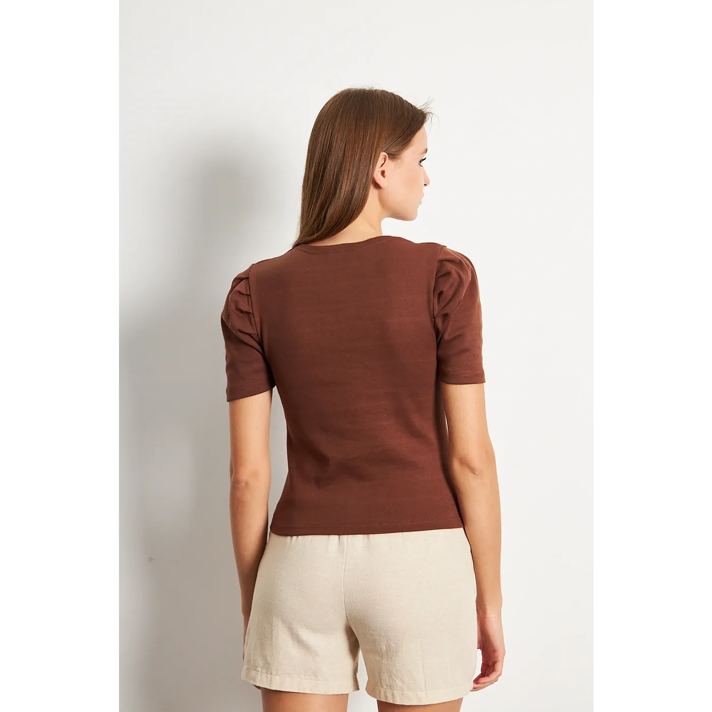 Brown Square Neck Puff Sleeves Top