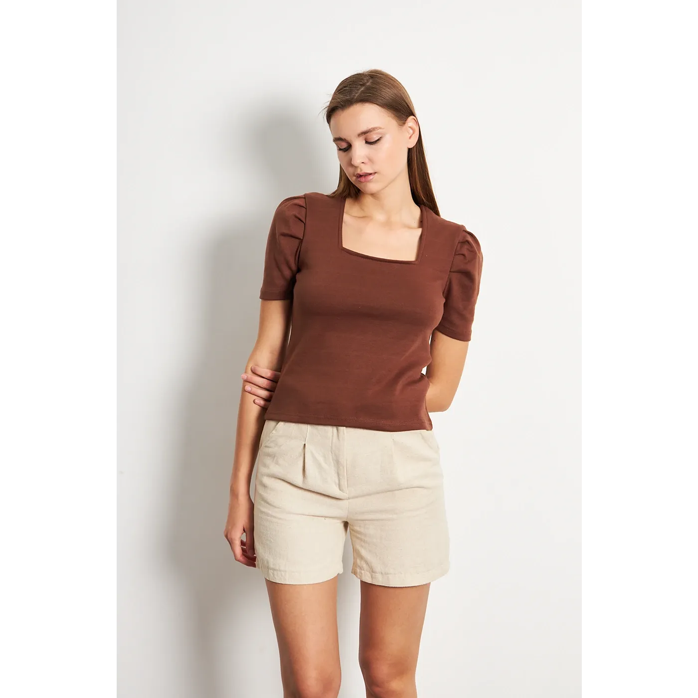 Brown Square Neck Puff Sleeves Top