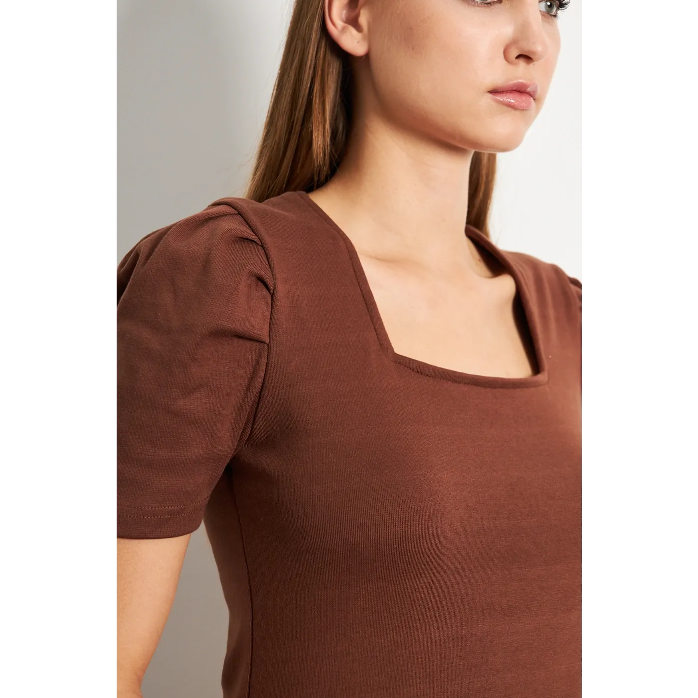 Brown Square Neck Puff Sleeves Top