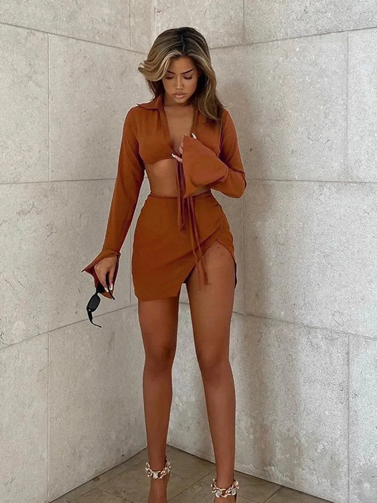 Brown Tie Front Top and Skirt Set Mini Dress