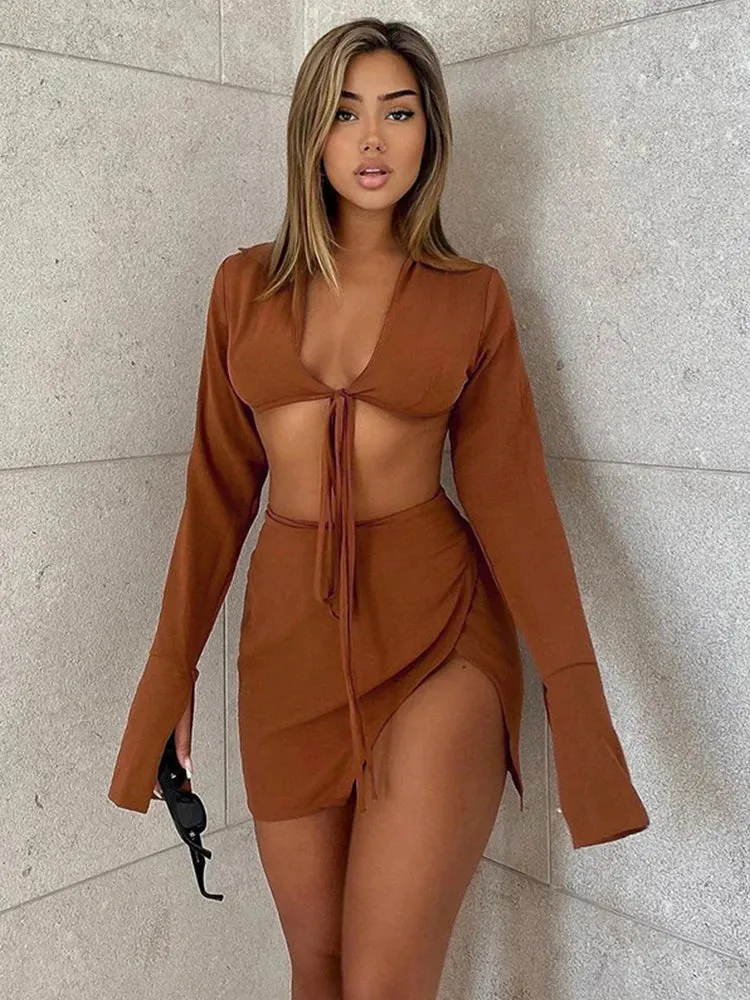 Brown Tie Front Top and Skirt Set Mini Dress