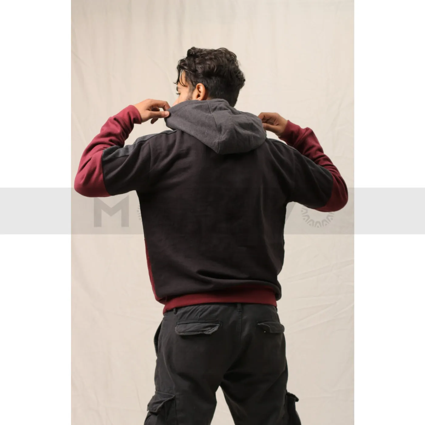 Burgundy Black Colour Block Hoodie