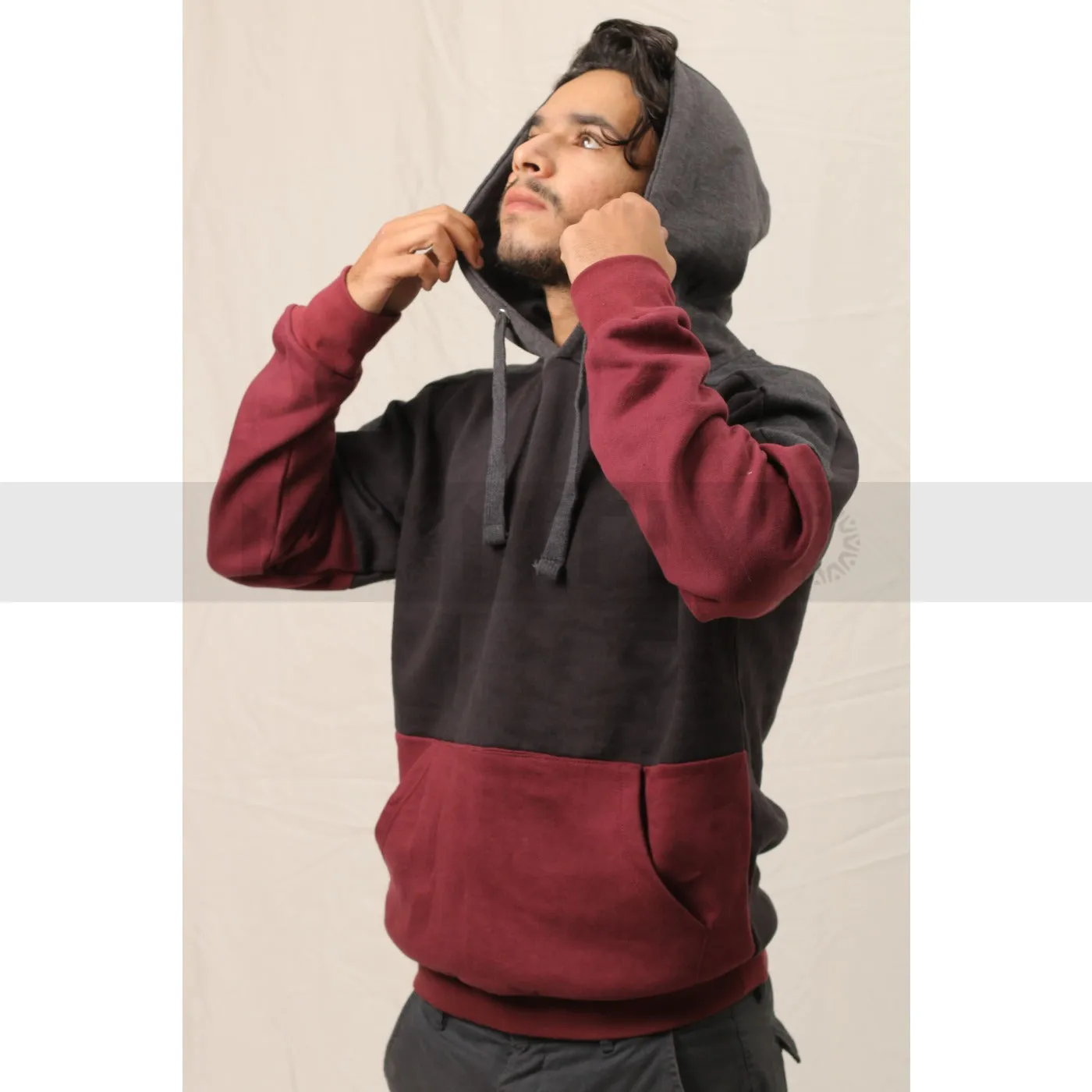 Burgundy Black Colour Block Hoodie