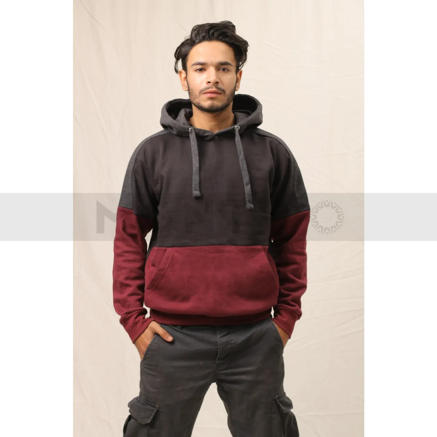 Burgundy Black Colour Block Hoodie