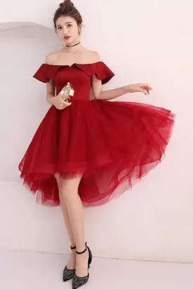 Burgundy Tulle Off Shoulder Short Prom Dress Burgundy Homecoming Dress PD220