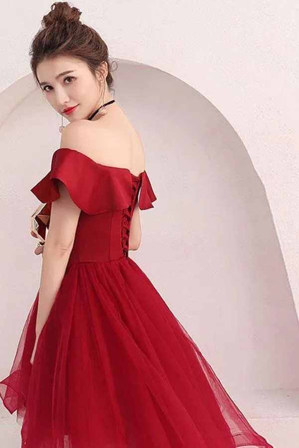 Burgundy Tulle Off Shoulder Short Prom Dress Burgundy Homecoming Dress PD220