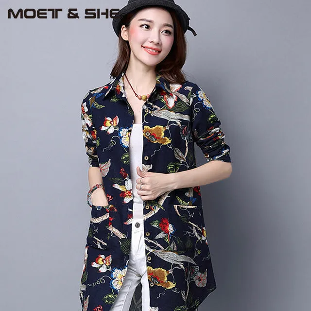 Casual Long Sleeve Shirt Women Autumn New Fashion Floral Print Cotton Linen Blouses Plus Size Women Top With Pockets T64805