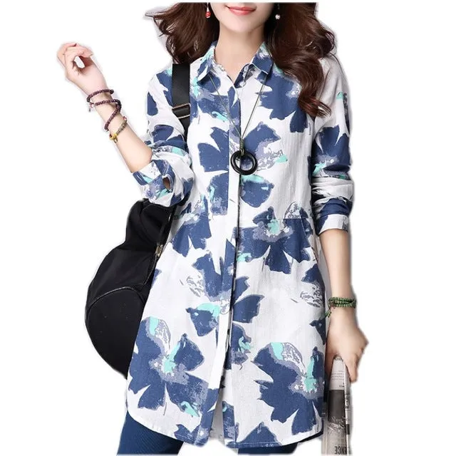 Casual Long Sleeve Shirt Women Autumn New Fashion Floral Print Cotton Linen Blouses Plus Size Women Top With Pockets T64805