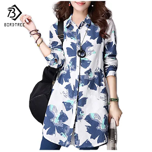 Casual Long Sleeve Shirt Women Autumn New Fashion Floral Print Cotton Linen Blouses Plus Size Women Top With Pockets T64805