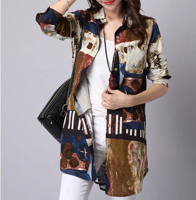 Casual Long Sleeve Shirt Women Autumn New Fashion Floral Print Cotton Linen Blouses Plus Size Women Top With Pockets T64805