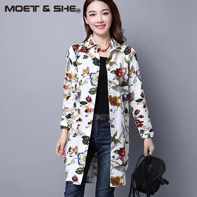 Casual Long Sleeve Shirt Women Autumn New Fashion Floral Print Cotton Linen Blouses Plus Size Women Top With Pockets T64805