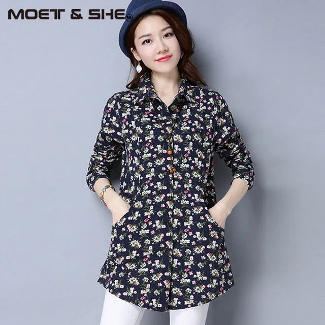 Casual Long Sleeve Shirt Women Autumn New Fashion Floral Print Cotton Linen Blouses Plus Size Women Top With Pockets T64805