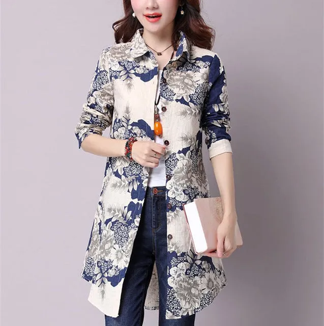 Casual Long Sleeve Shirt Women Autumn New Fashion Floral Print Cotton Linen Blouses Plus Size Women Top With Pockets T64805