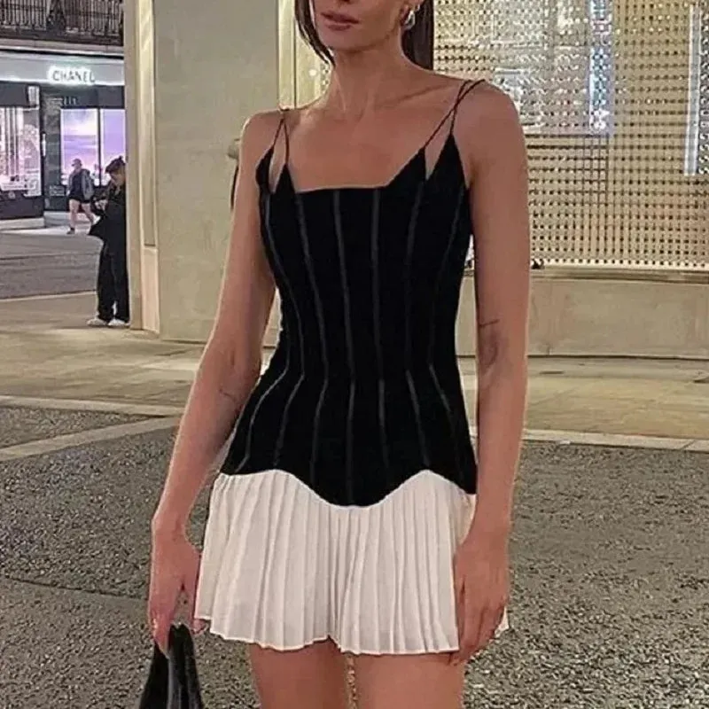 Chic High Waist Velvet Spliced Pleated Bottom Sling Mini Dress for Summer Women's 2024