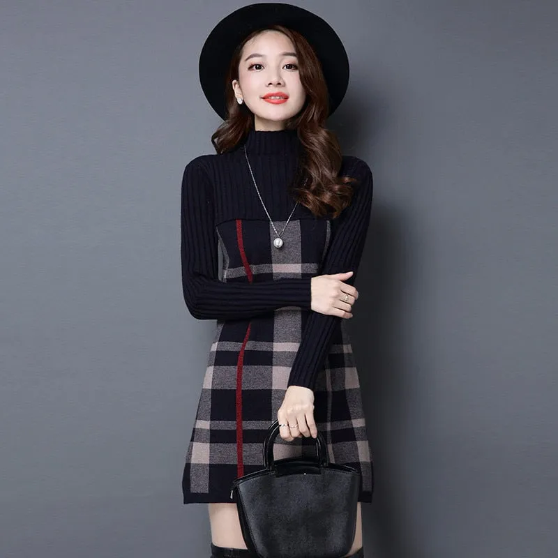 Christmas Gift Deanwangkt New Women Autumn Winter Dress Turtleneck Long Sleeve Plaid Knitted Sweater Dress Female Loose  Sweaters Pullovers Dress 315