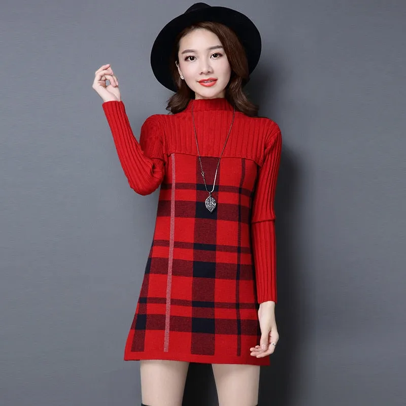 Christmas Gift Deanwangkt New Women Autumn Winter Dress Turtleneck Long Sleeve Plaid Knitted Sweater Dress Female Loose  Sweaters Pullovers Dress 315