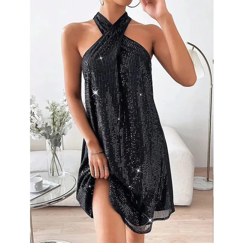 Cross Neck Summer Women's Casual Loose Skinny Off Shoulder Sequins Mini Dress