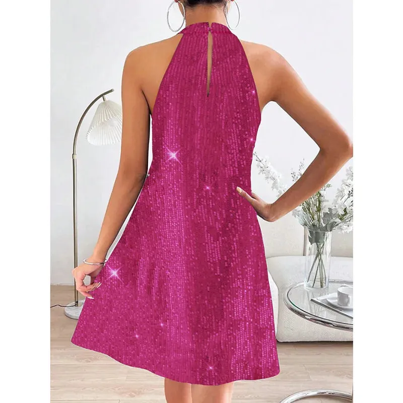 Cross Neck Summer Women's Casual Loose Skinny Off Shoulder Sequins Mini Dress