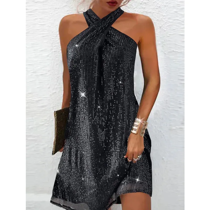 Cross Neck Summer Women's Casual Loose Skinny Off Shoulder Sequins Mini Dress